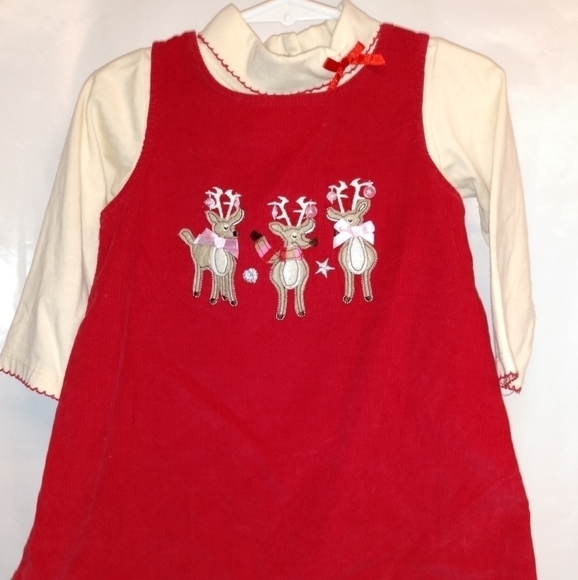 Bonnie Baby Dress Set, Corduroy, 18M, Red/Cream with 3 cute reindeers, pre-owned - Picture 1 of 8